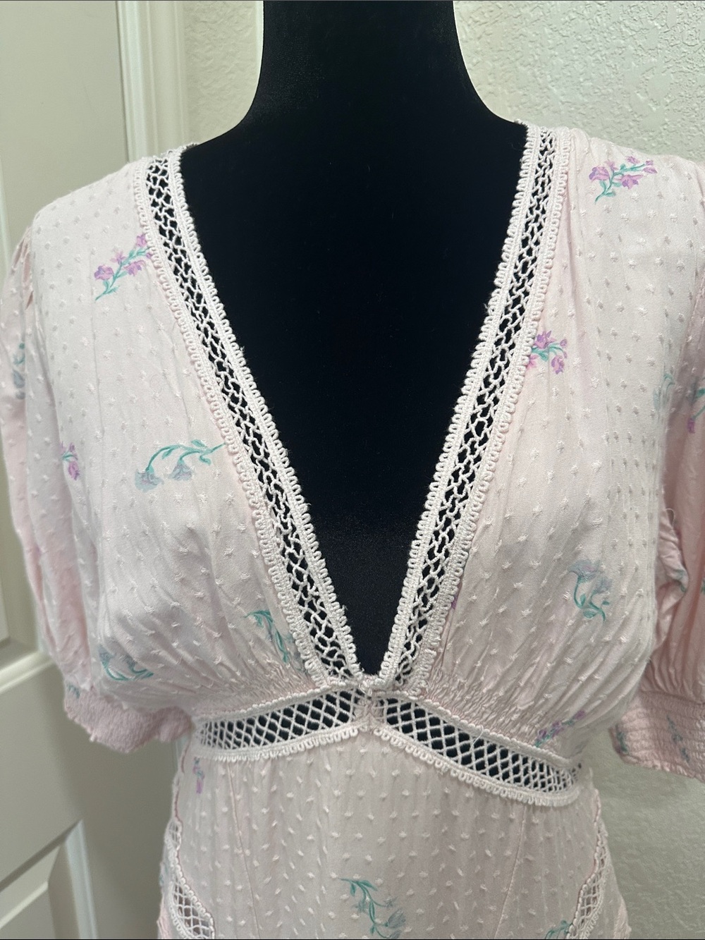 Free People Pale Pink Floral Maxi Dress with Lace Insets - Picture 2 of 13